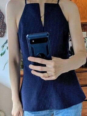 Banana Republic Sadie High Neck Navy Pinstripe Halter Top